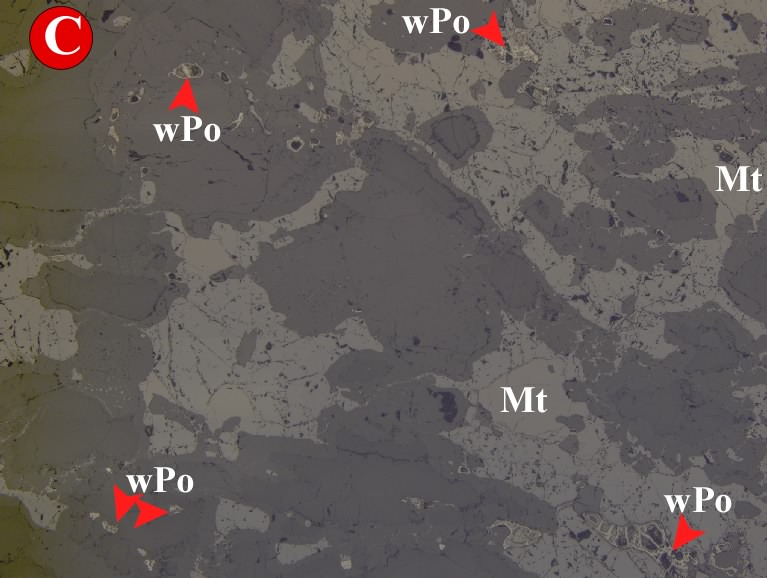 Petrography of Hawkeye zone shows significant magnetite (Mt) mineralization with weathered Pyrrhotite (Po) crystals